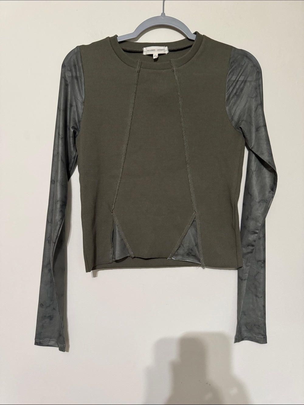 Gilded Intent Olive Green Long Sleeve Top with Gray Sleeves. 100 % cotton